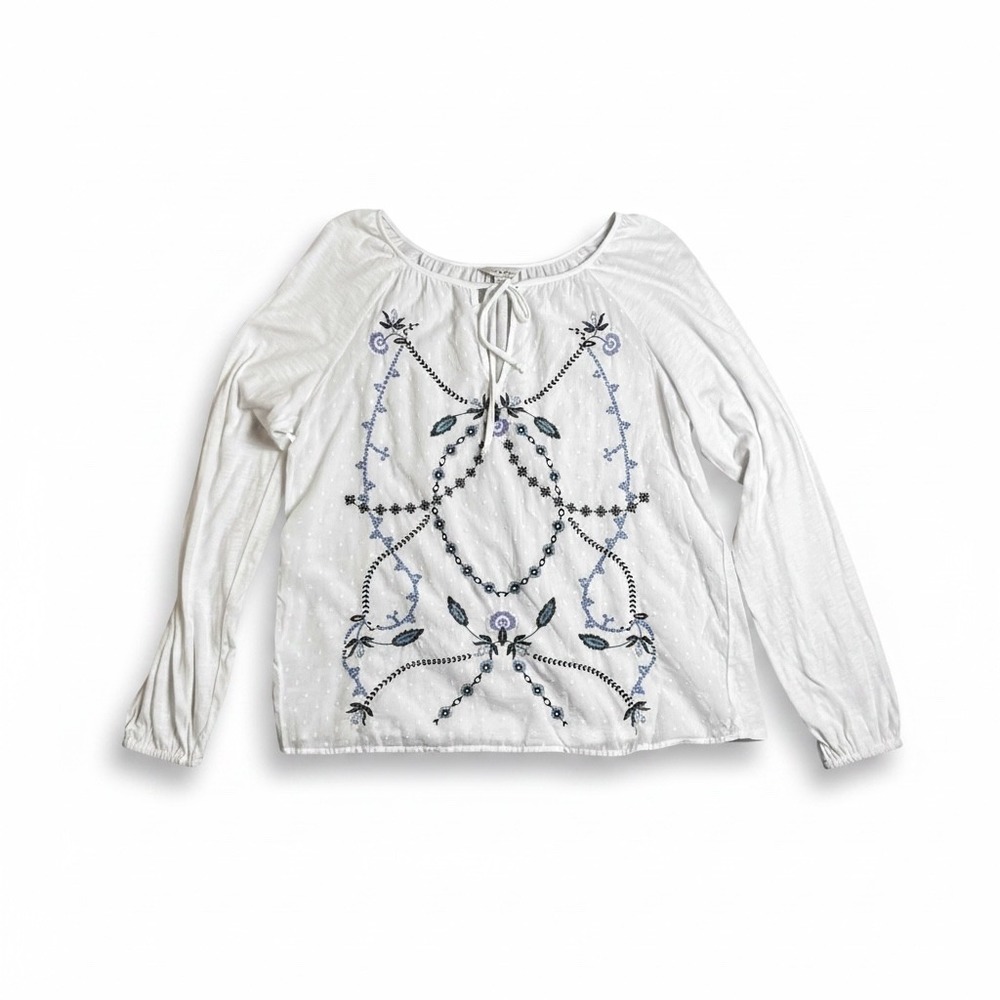 Lucky Brand White Embroidered Swiss Dot Peasant Blouse Long Sleeve Womens Medium